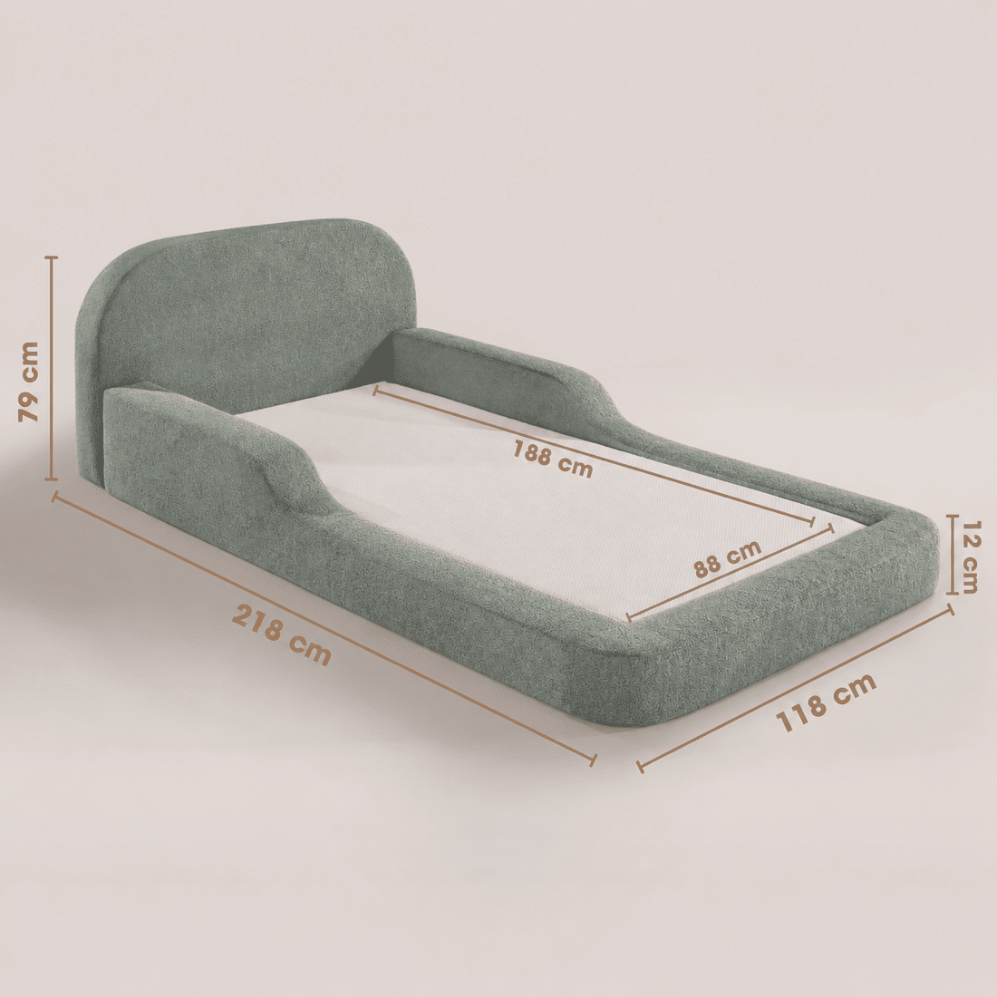 Cama Infantil de Solteiro Montessori em Espuma D28 Bouclé Verde com Colchão