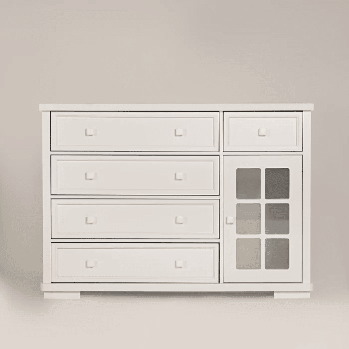 Cômoda Encanto 5 Gavetas e Porta de Vidro Branca com Tampo Branco Cômoda Encanto 5 Gavetas e Porta de Vidro Branca com Tampo Branco