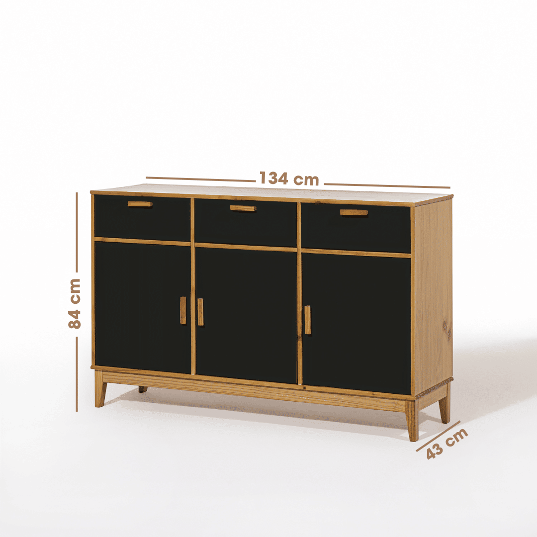 Balcão Alamo 3 Portas e 3 Gavetas em Madeira Natural + Preto