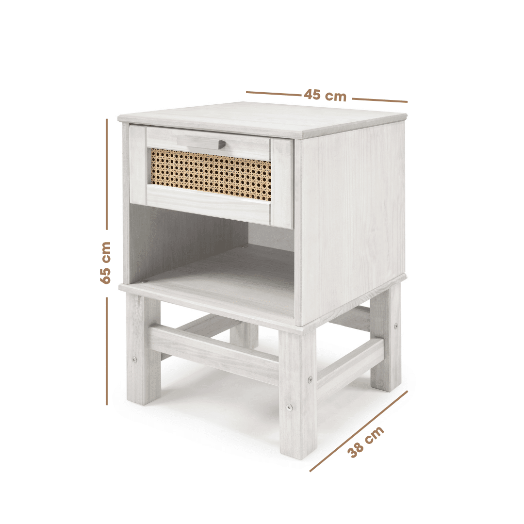 Kit Cabeceira KING + Mesa de Cabeceira Gaveta e Nicho de Rattan Nature na Cor Branca Kit Cabeceira KING + Mesa de Cabeceira Gaveta e Nicho de Rattan Nature na Cor Branca