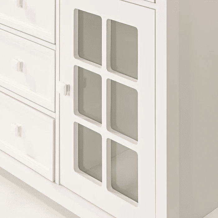 Kit Encanto Berço 2 em 1 e Cômoda 4 Gavetas e 1 Porta com Vidro em Madeira Maciça Branco + Mel Kit Encanto Berço 2 em 1 e Cômoda 4 Gavetas e 1 Porta com Vidro em Madeira Maciça Branco + Mel
