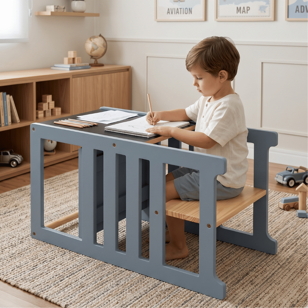 Torre de Aprendizagem Montessori 4 em 1 Azul Cadeirão Ajustável, Mesinha de Atividades, Quadro de Desenhos Torre de Aprendizagem Montessori 4 em 1 Azul Cadeirão Ajustável, Mesinha de Atividades, Quadro de Desenhos