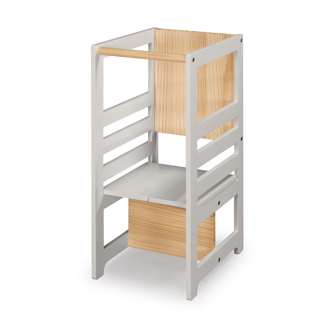 Torre de Aprendizagem Montessori 4 em 1 Cinza Cadeirão Ajustável, Mesinha de Atividades, Quadro de Desenhos