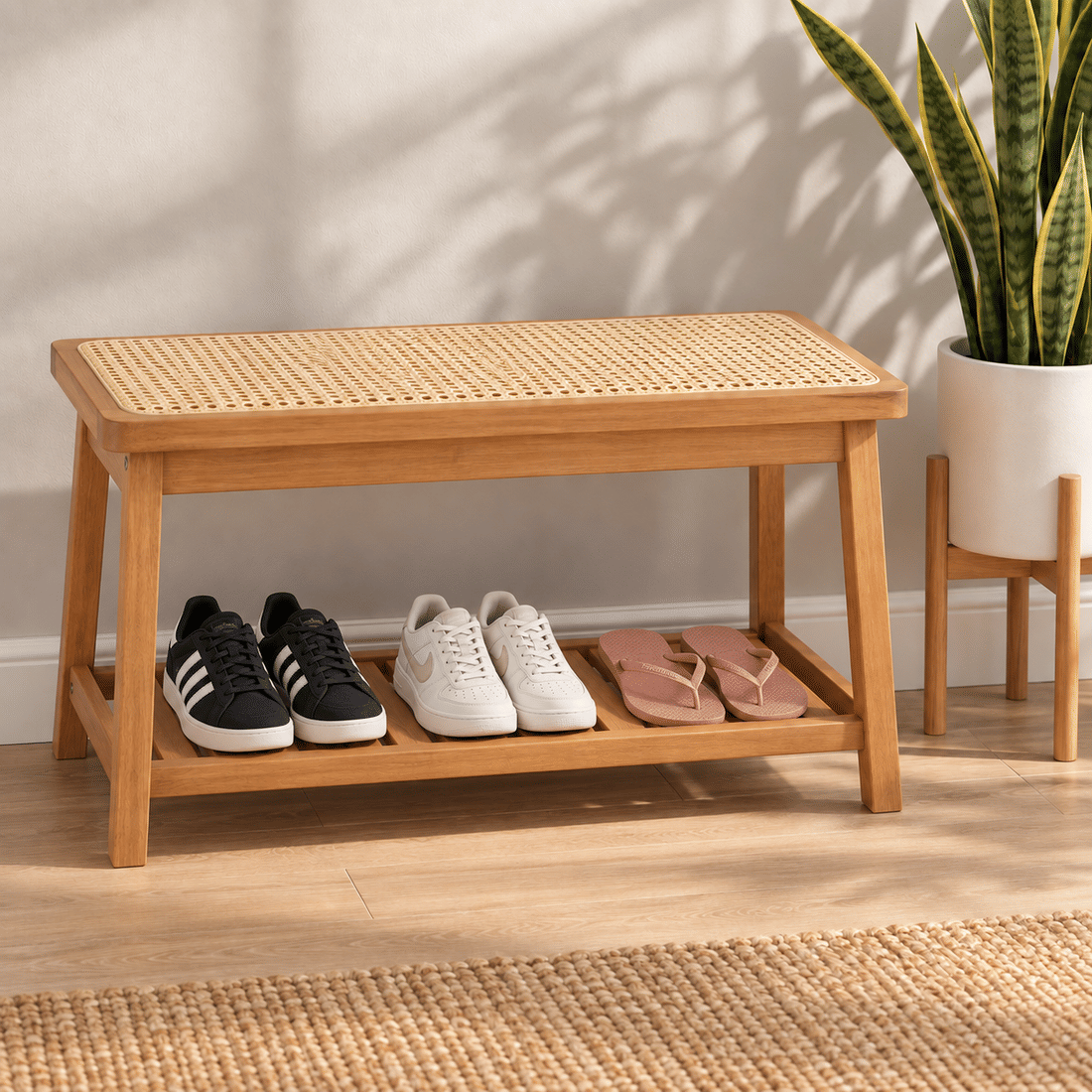 Banco Sapateira com Prateleira Ripada 75cm em Madeira Maciça e Rattan Cor Pitanga