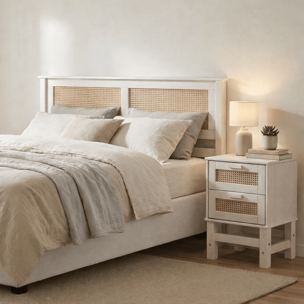 Kit Cabeceira + Mesa de Cabeceira 2 Gavetas de Rattan Nature na Cor Branca