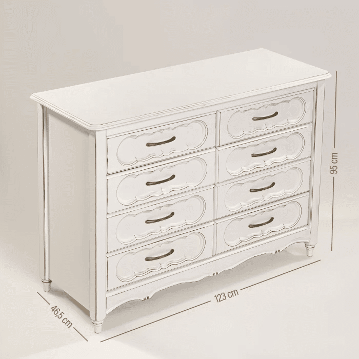 Kit Lilie Berço 2 em 1 e Cômoda 8 Gavetas em Madeira Maciça Branco com Detalhes Provençal Kit Lilie Berço 2 em 1 e Cômoda 8 Gavetas em Madeira Maciça Branco com Detalhes Provençal