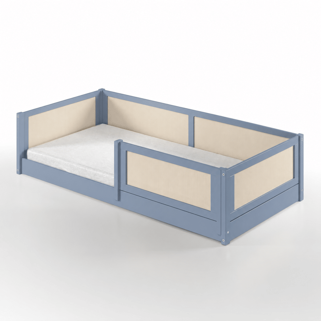 Cama Infantil de Solteiro Montessori Azul Com Rattan