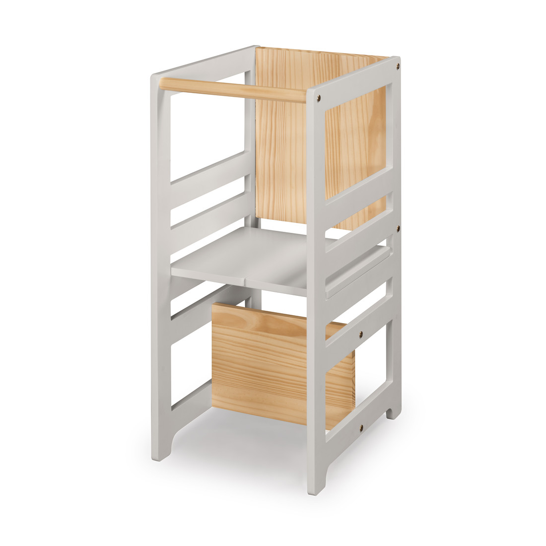 Torre de Aprendizagem Montessori 4 em 1 Cinza Cadeirão Ajustável, Mesinha de Atividades, Quadro de Desenhos