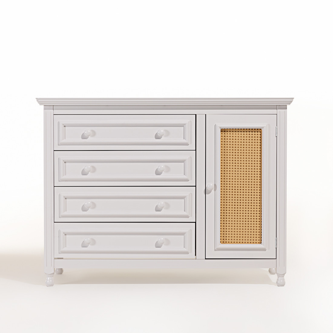 Kit Feliz Berço 2 em 1 e Cômoda 4 Gavetas e 1 Porta com Rattan em Madeira Maciça Branco com Mel Kit Feliz Berço 2 em 1 e Cômoda 4 Gavetas e 1 Porta com Rattan em Madeira Maciça Branco com Mel