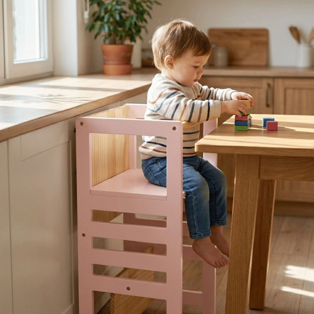 Torre de Aprendizagem Montessori 4 em 1 Rosa Cadeirão Ajustável, Mesinha de Atividades, Quadro de Desenhos