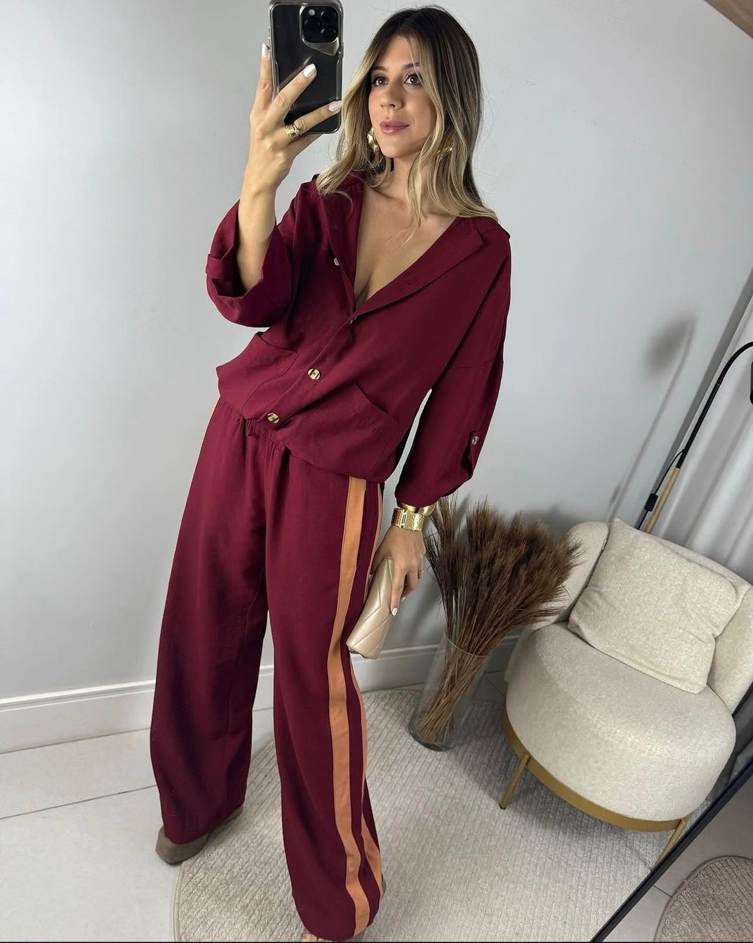 Conjunto Feminino Parka e Pantalona Listrado Vania  Marsala