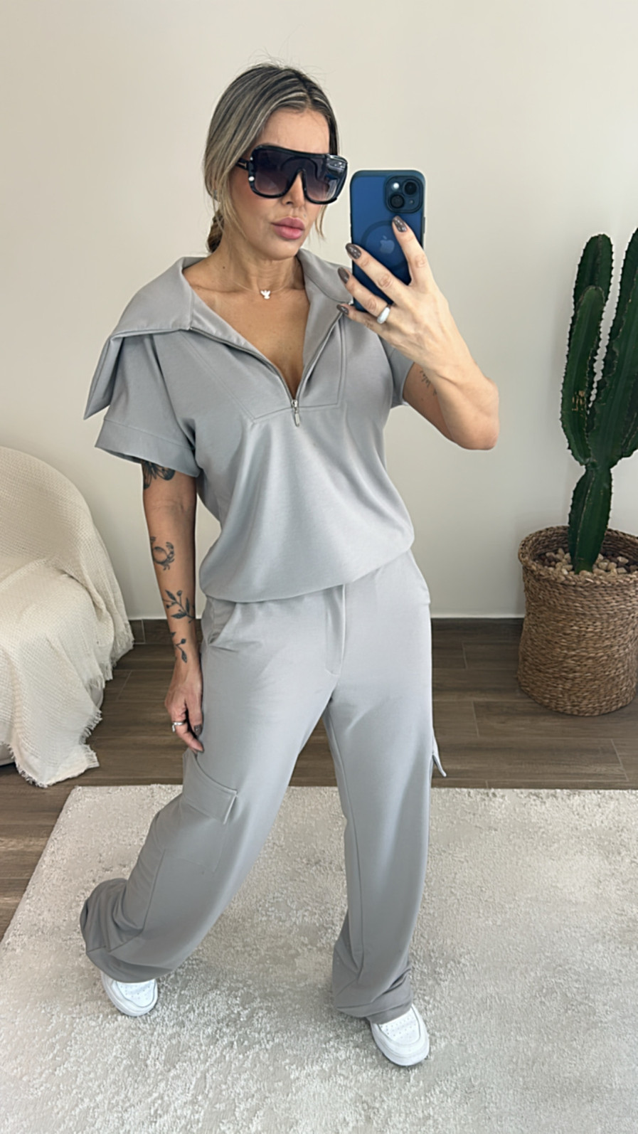 Conjunto Lídia com ziper midsize em moletinho Cinza