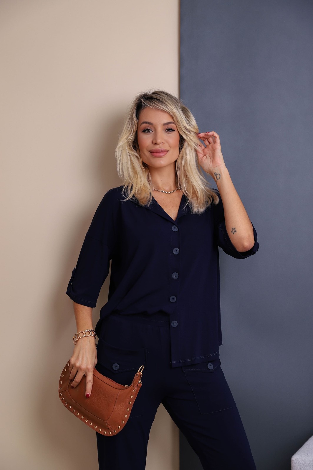 Conjunto de camisa oversized Luiza 2.0 Marinho