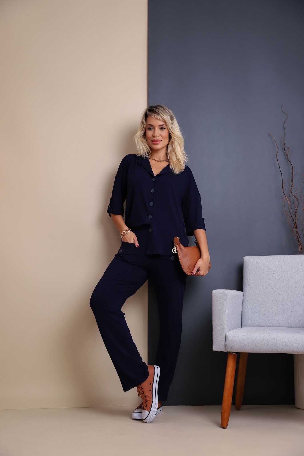 Conjunto de camisa oversized Luiza 2.0 Marinho