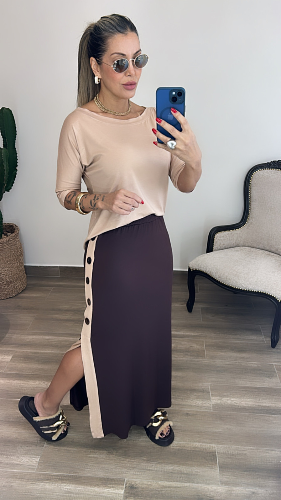 Conjunto De Saia Bicolor com Botões Esther Marrom com Moucha Mousse