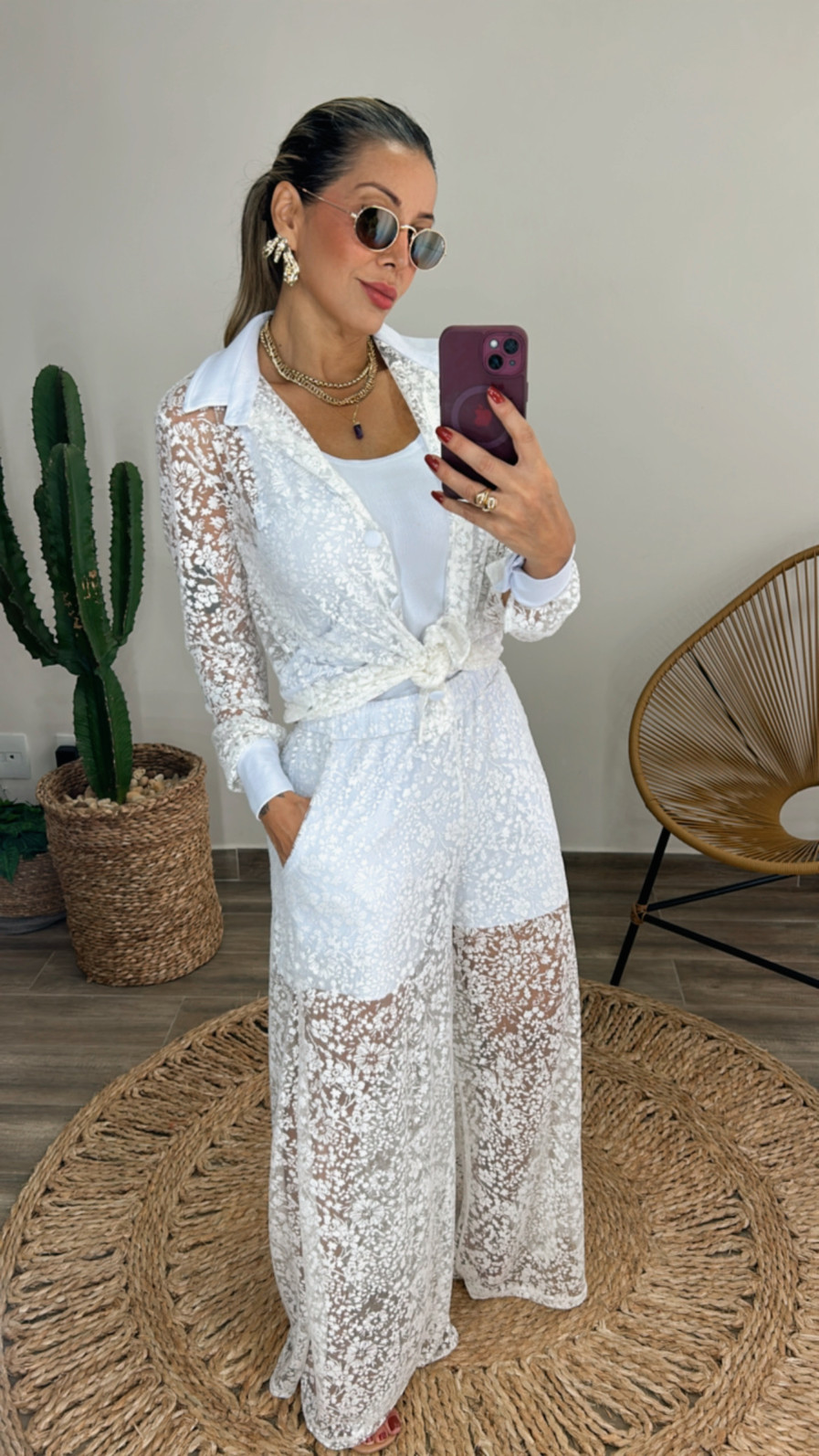 Conjunto de renda com malha vicenza Francesca Off White Conjunto de renda com malha vicenza Francesca Off White