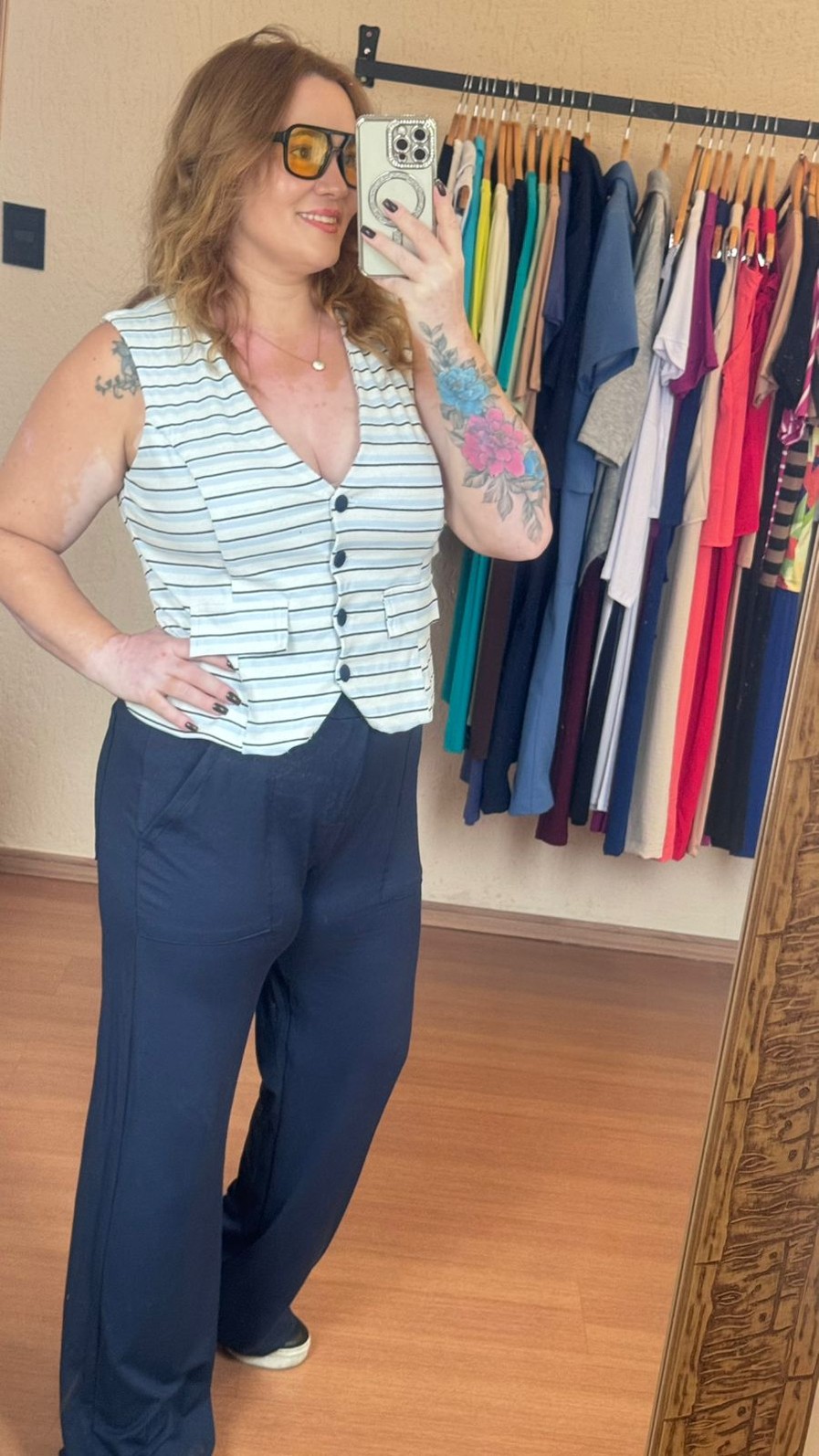 Conjunto de Malha Algodão com Moletinho Listrado Kate Azul Marinho