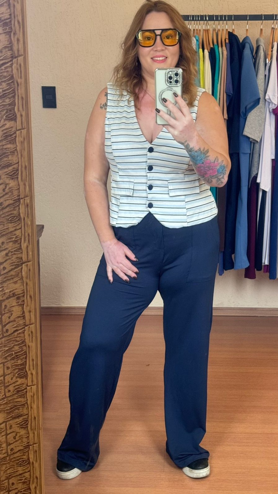 Conjunto de Malha Algodão com Moletinho Listrado Kate Azul Marinho