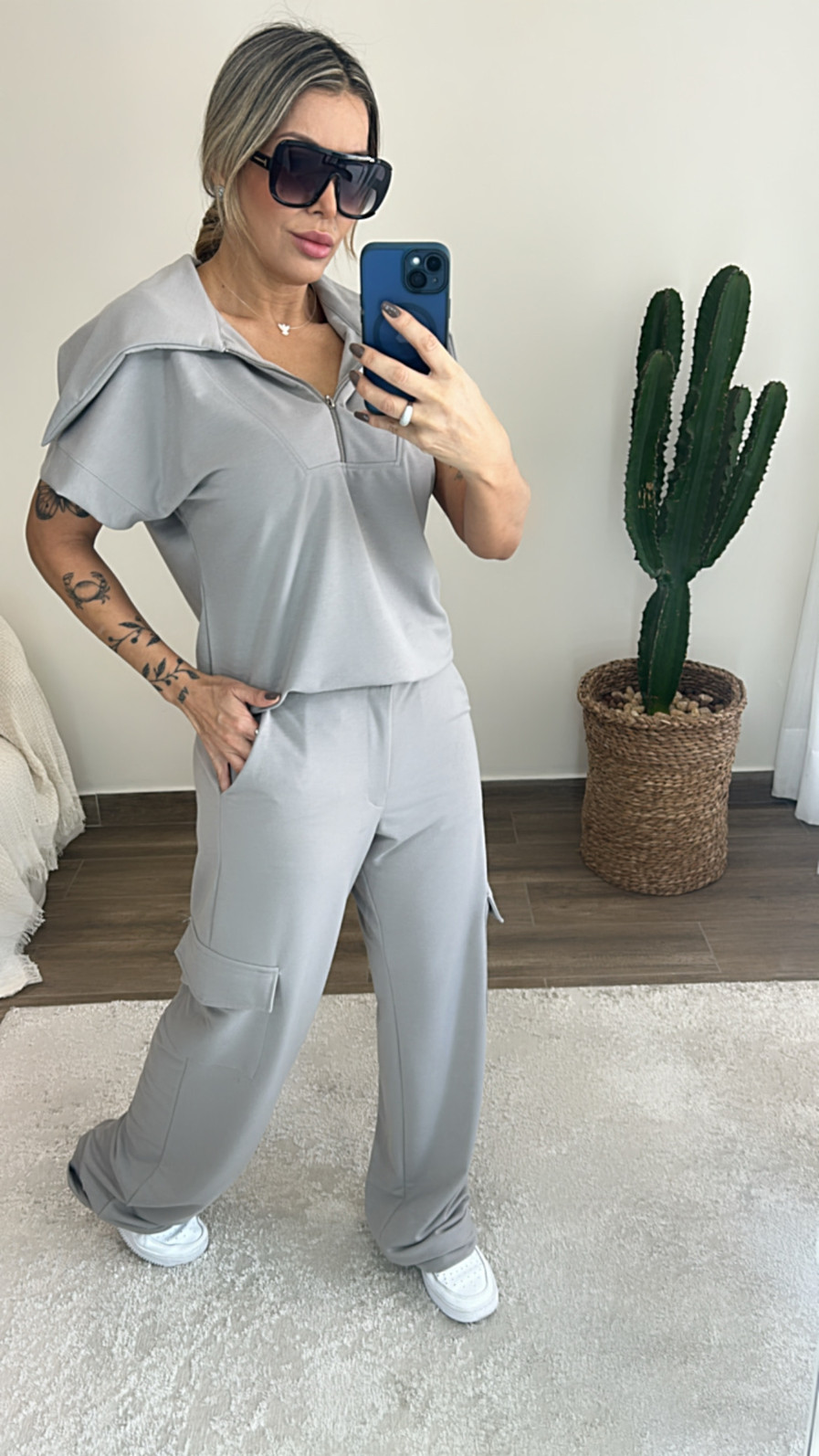 Conjunto Lídia com ziper midsize em moletinho Cinza