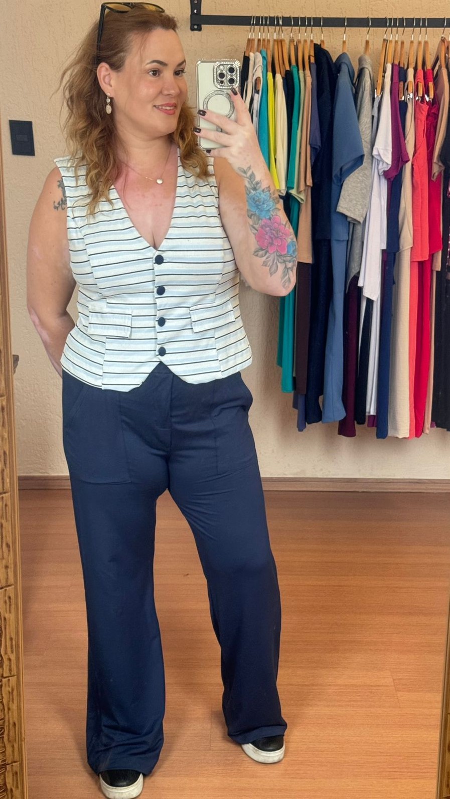 Conjunto de Malha Algodão com Moletinho Listrado Kate Azul Marinho