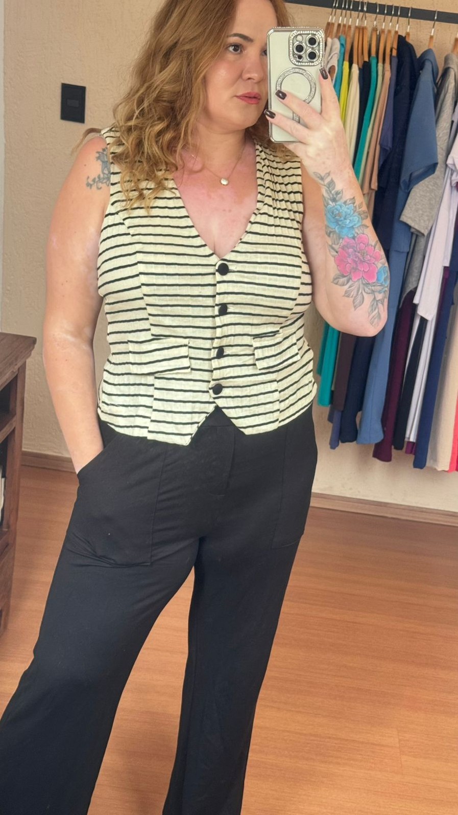 Conjunto de Malha Algodão com Moletinho Listrado Kate Off white com Preto