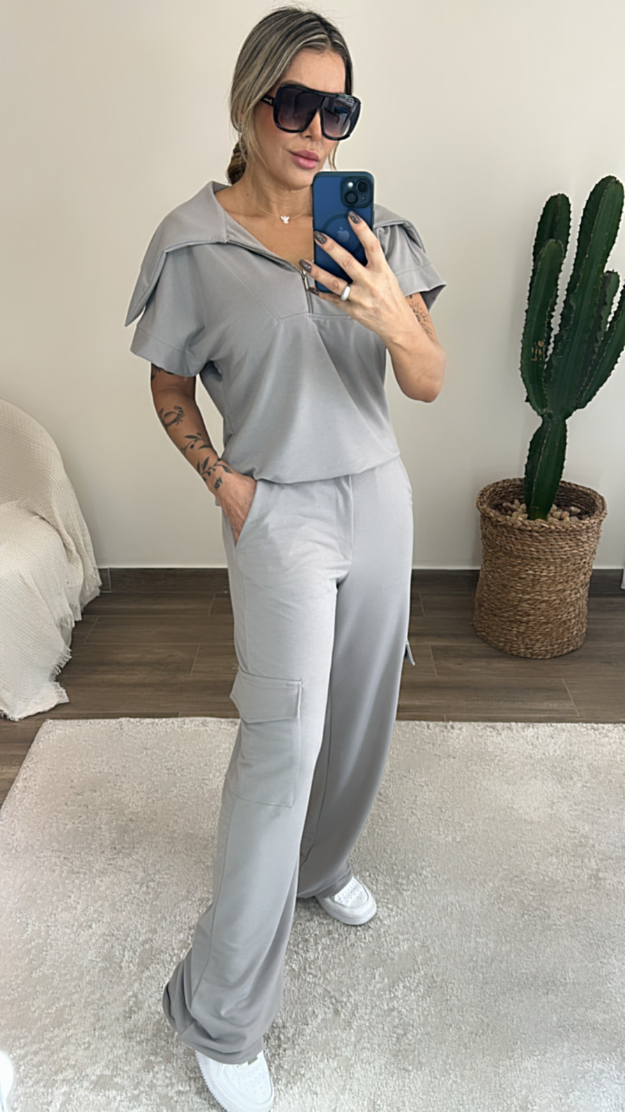 Conjunto Lídia com ziper midsize em moletinho Cinza