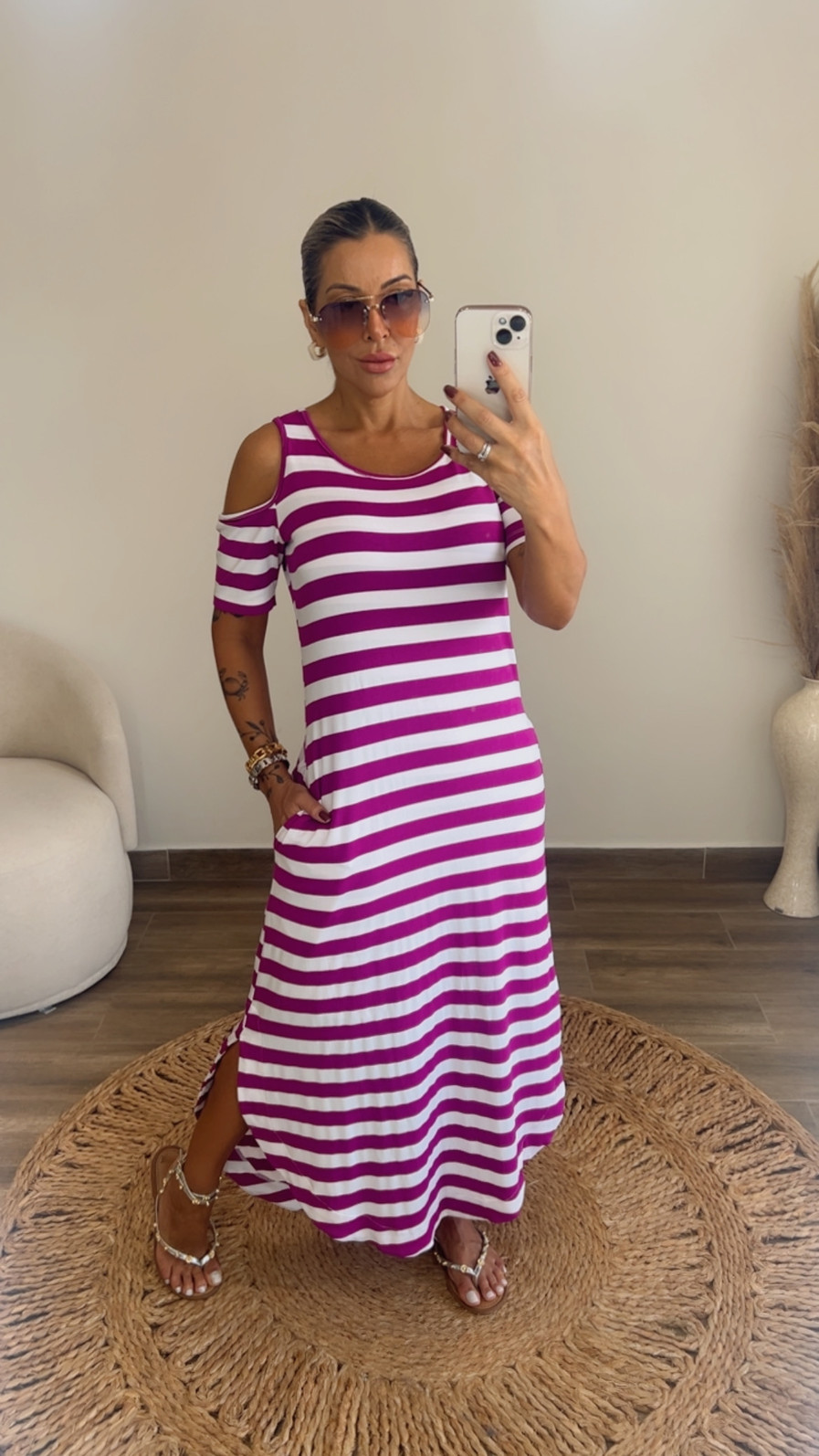 Vestido Giulia Listra Fúcsia/Branco