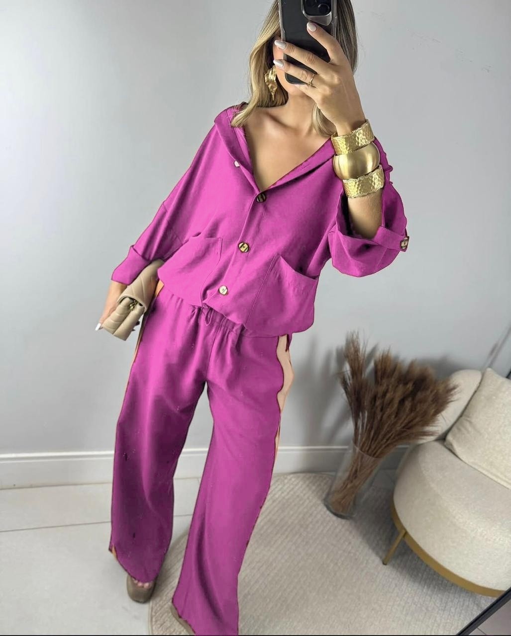 Conjunto Feminino Parka e Pantalona Listrado Vania Pink Fuscia