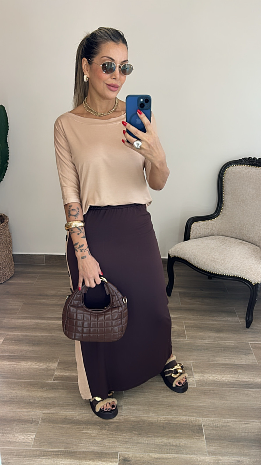 Conjunto De Saia Bicolor com Botões Esther Marrom com Moucha Mousse