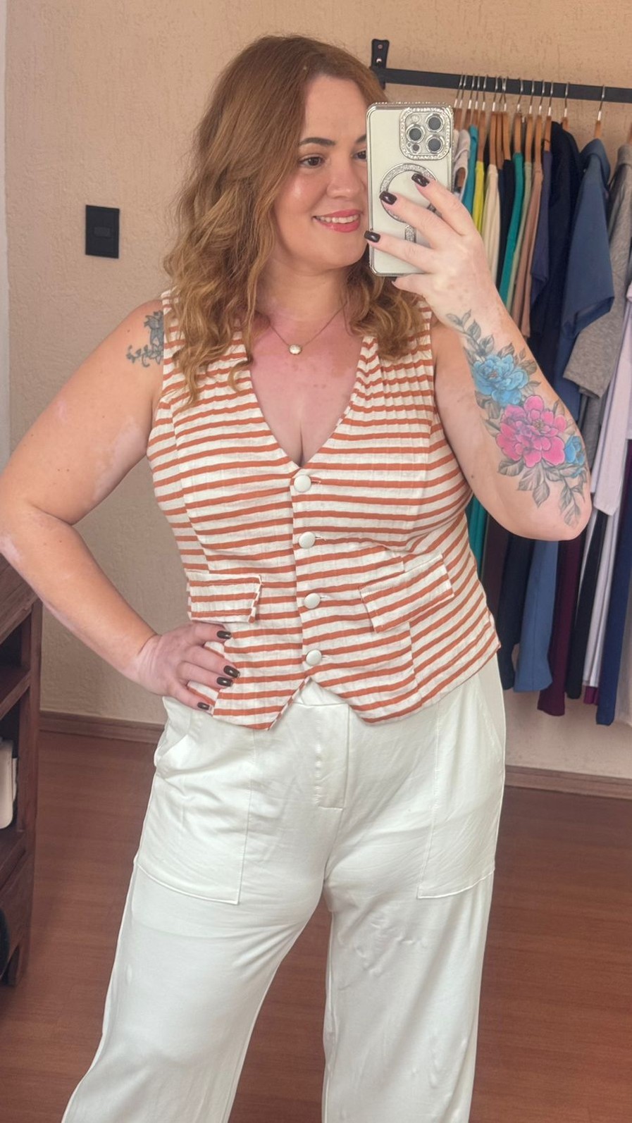 Conjunto de Malha Algodão com Moletinho Listrado Kate Off white com Nude