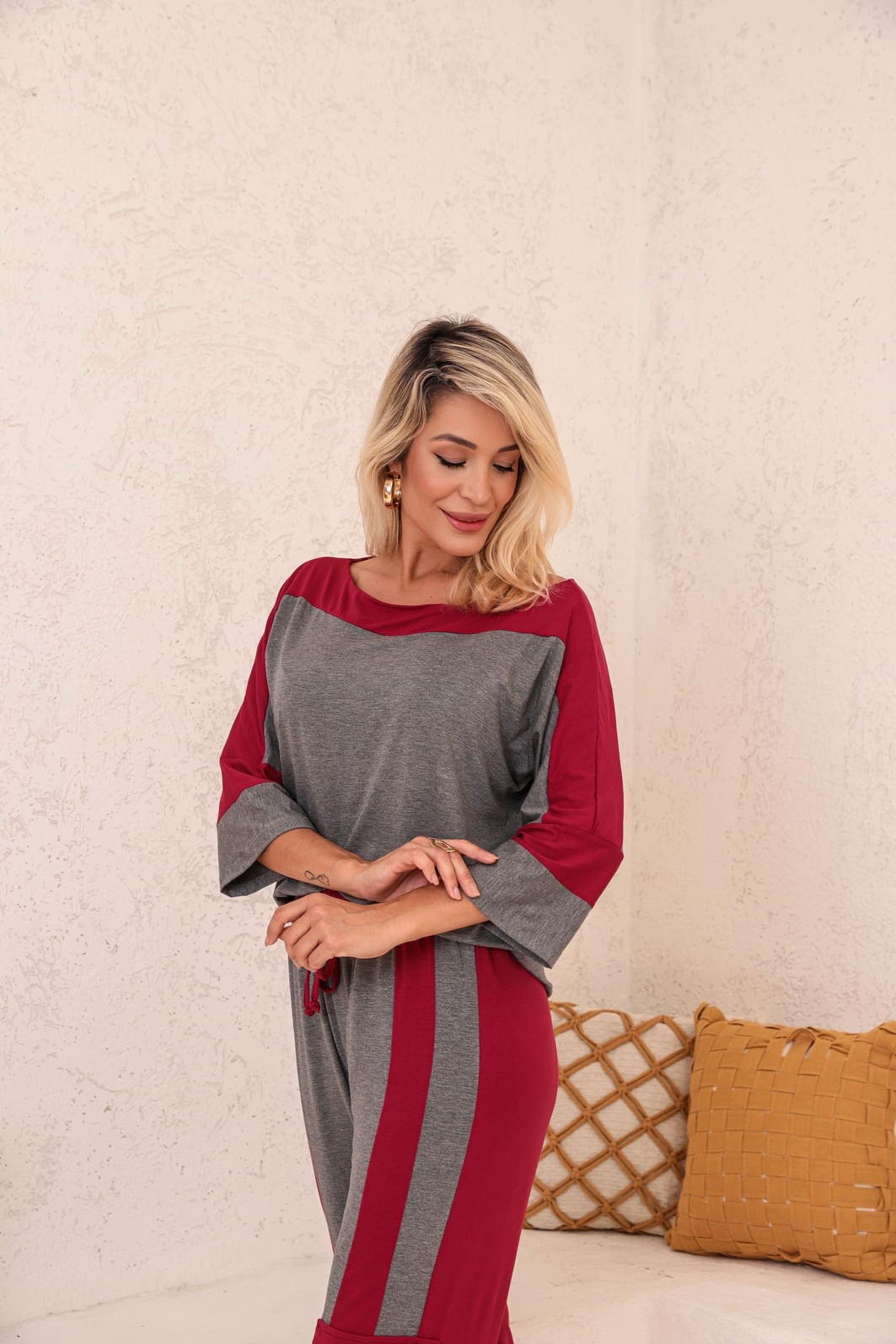 Conjunto Bicolor Clara Cinza/Marsala