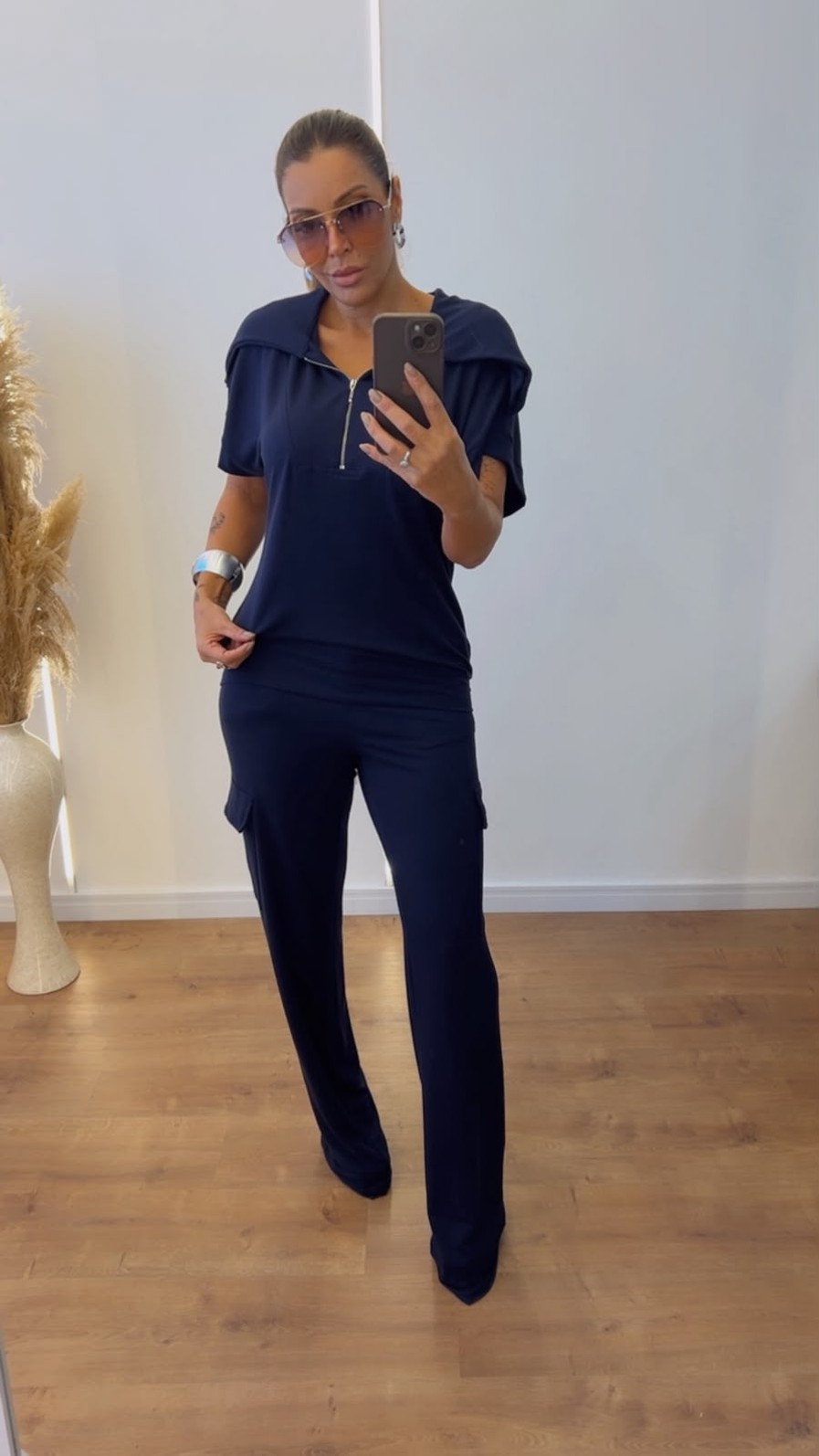 Conjunto Lídia com ziper midsize em moletinho Azul Marinho