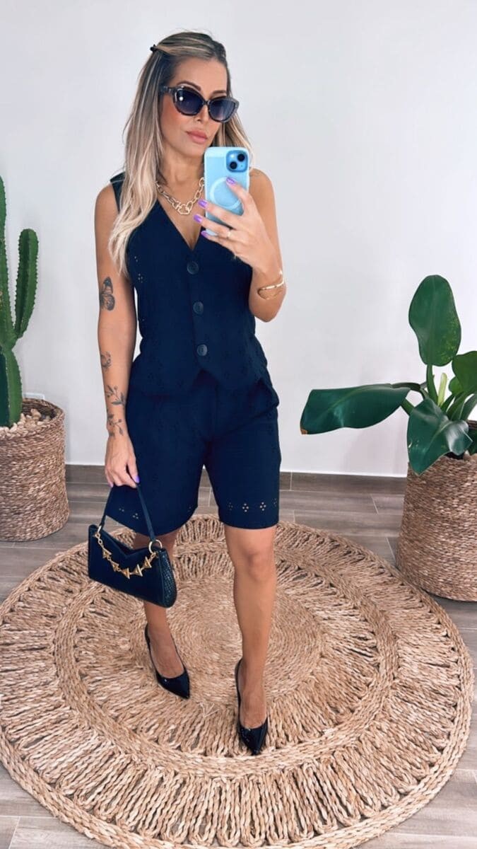 Conjunto Bermuda em Lasie Serena - Preto Conjunto Bermuda em Lasie Serena - Preto