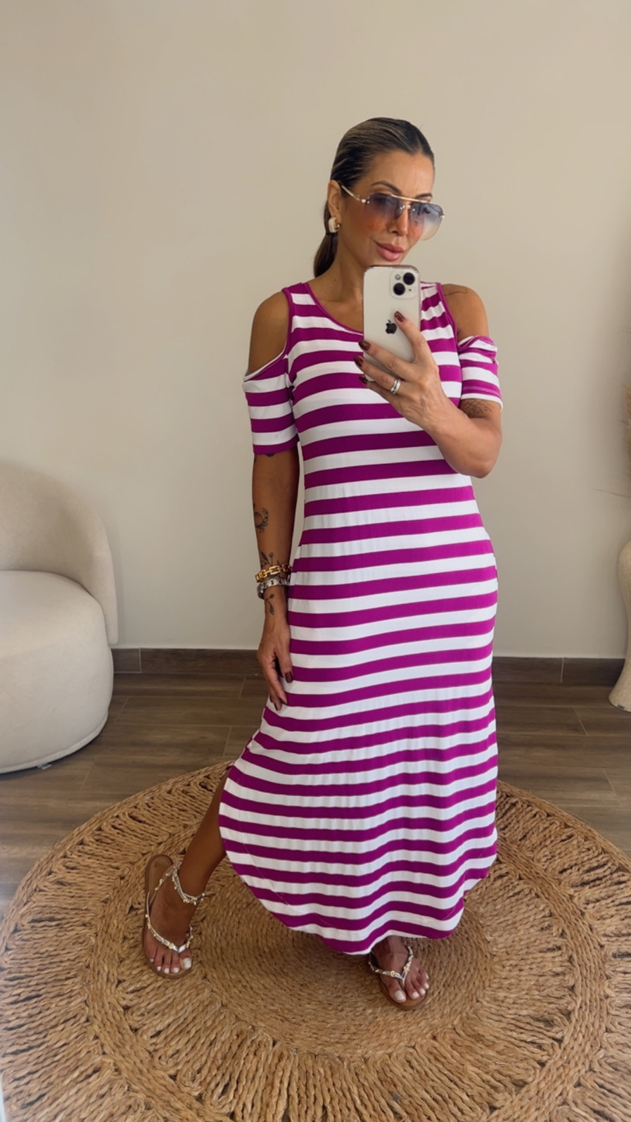 Vestido Giulia Listra Fúcsia/Branco