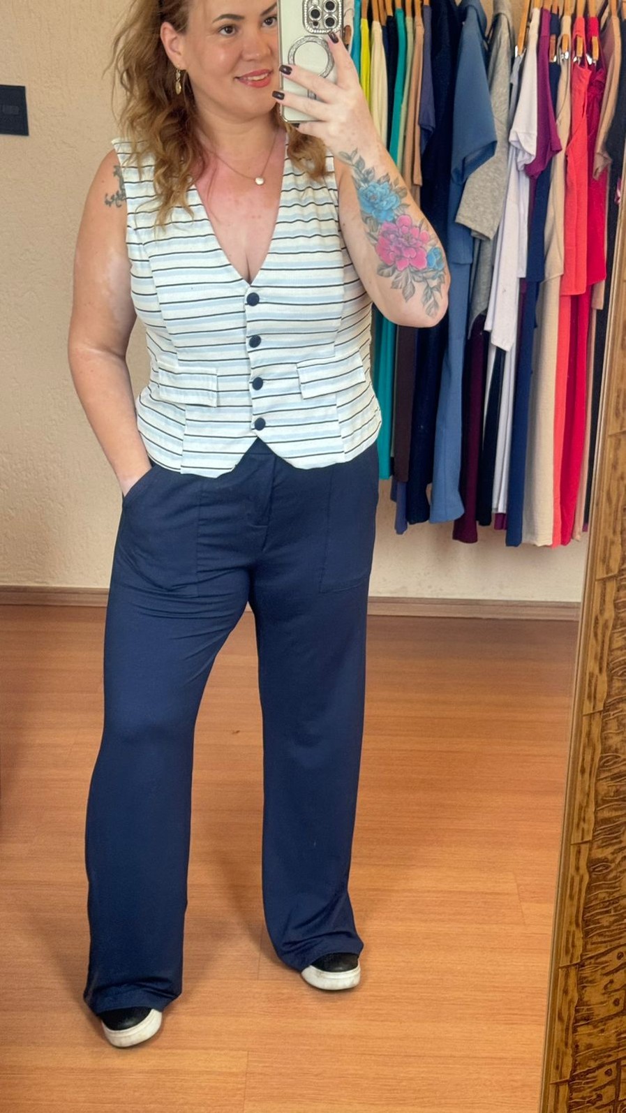 Conjunto de Malha Algodão com Moletinho Listrado Kate Azul Marinho