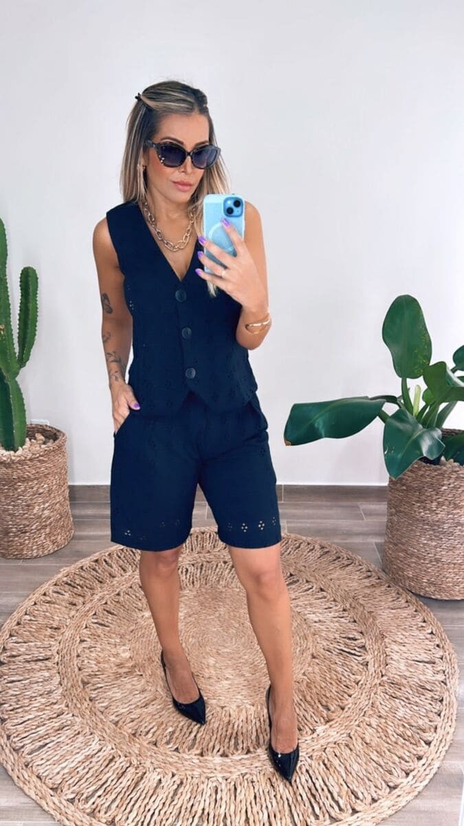 Conjunto Bermuda em Lasie Serena - Preto Conjunto Bermuda em Lasie Serena - Preto