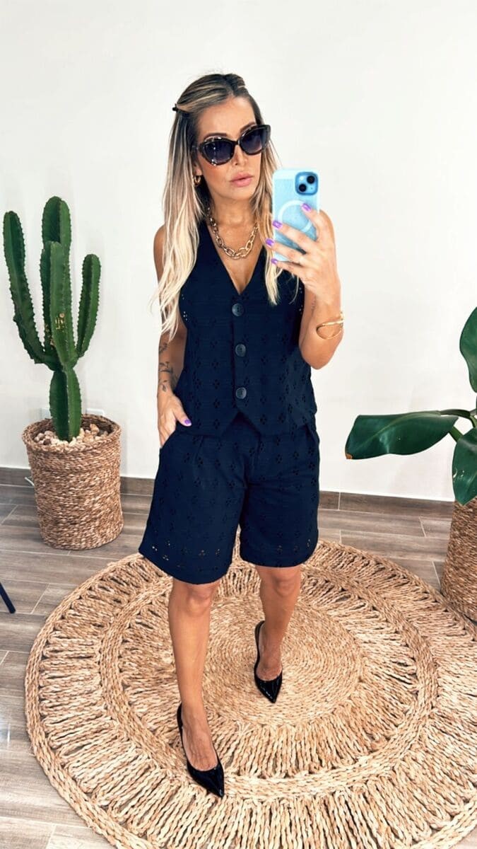 Conjunto Bermuda em Lasie Serena - Preto Conjunto Bermuda em Lasie Serena - Preto