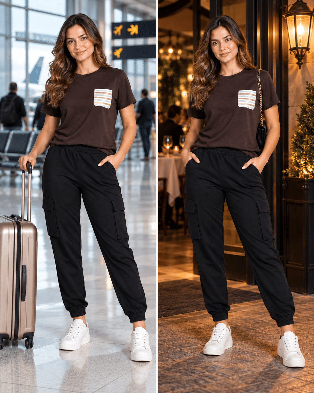 Conjunto Thayane – T-shirt em Viscolycra com Lurex e Calça Cargo em Ponto Roma Marrom/ Preto. - Cor Cinza mescla - Tam