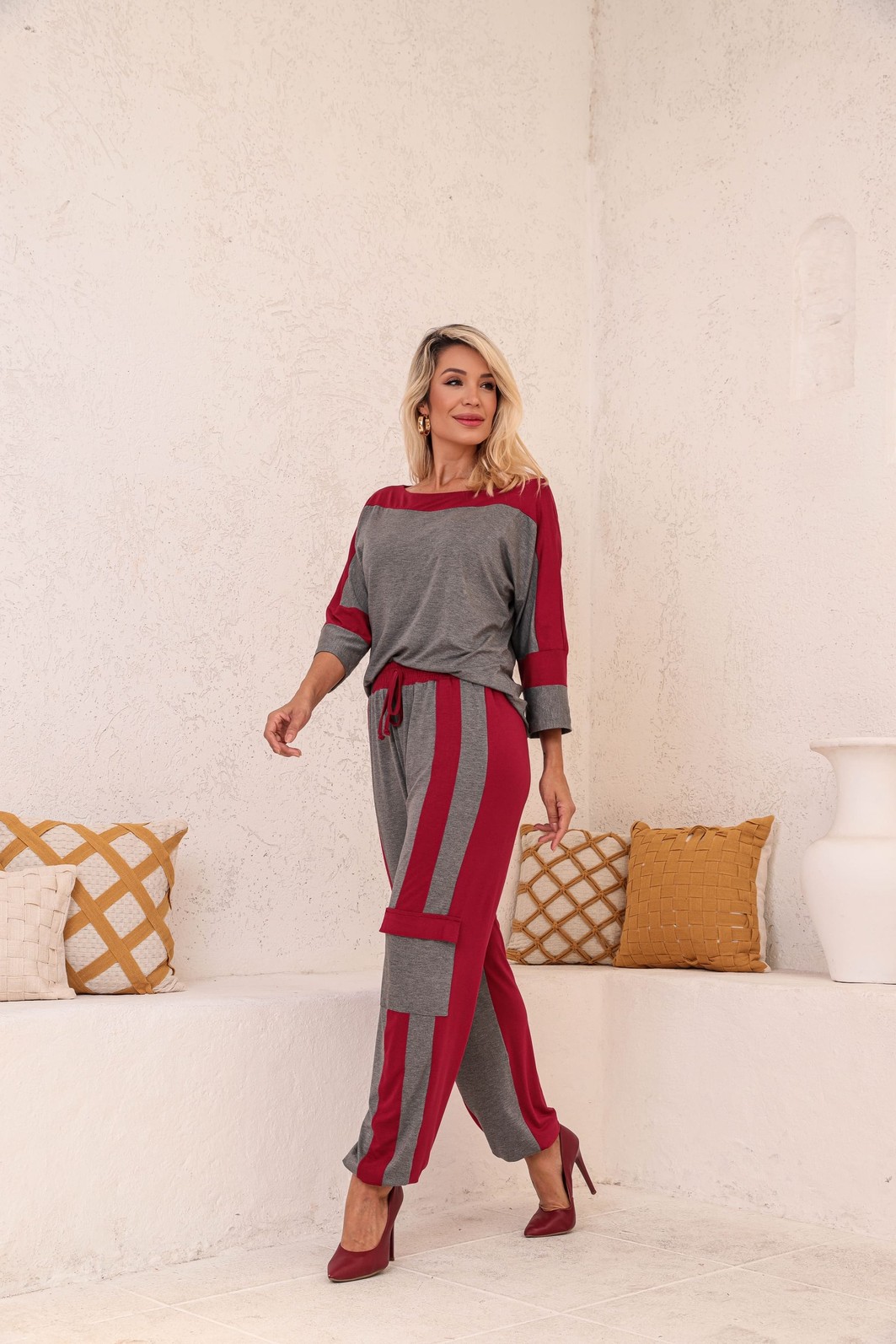 Conjunto Bicolor Clara Cinza/Marsala