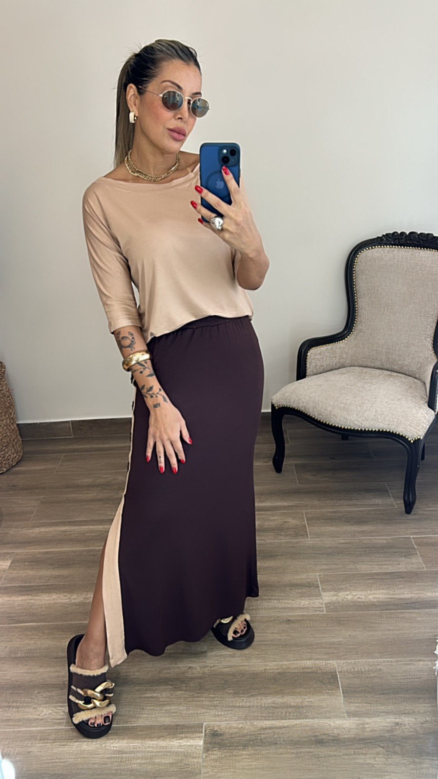 Conjunto De Saia Bicolor com Botões Esther Marrom com Moucha Mousse