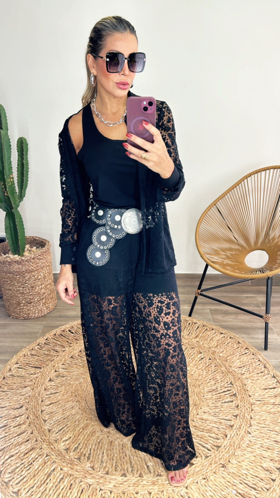 Conjunto de renda com malha vicenza Francesca Preto Conjunto de renda com malha vicenza Francesca Preto