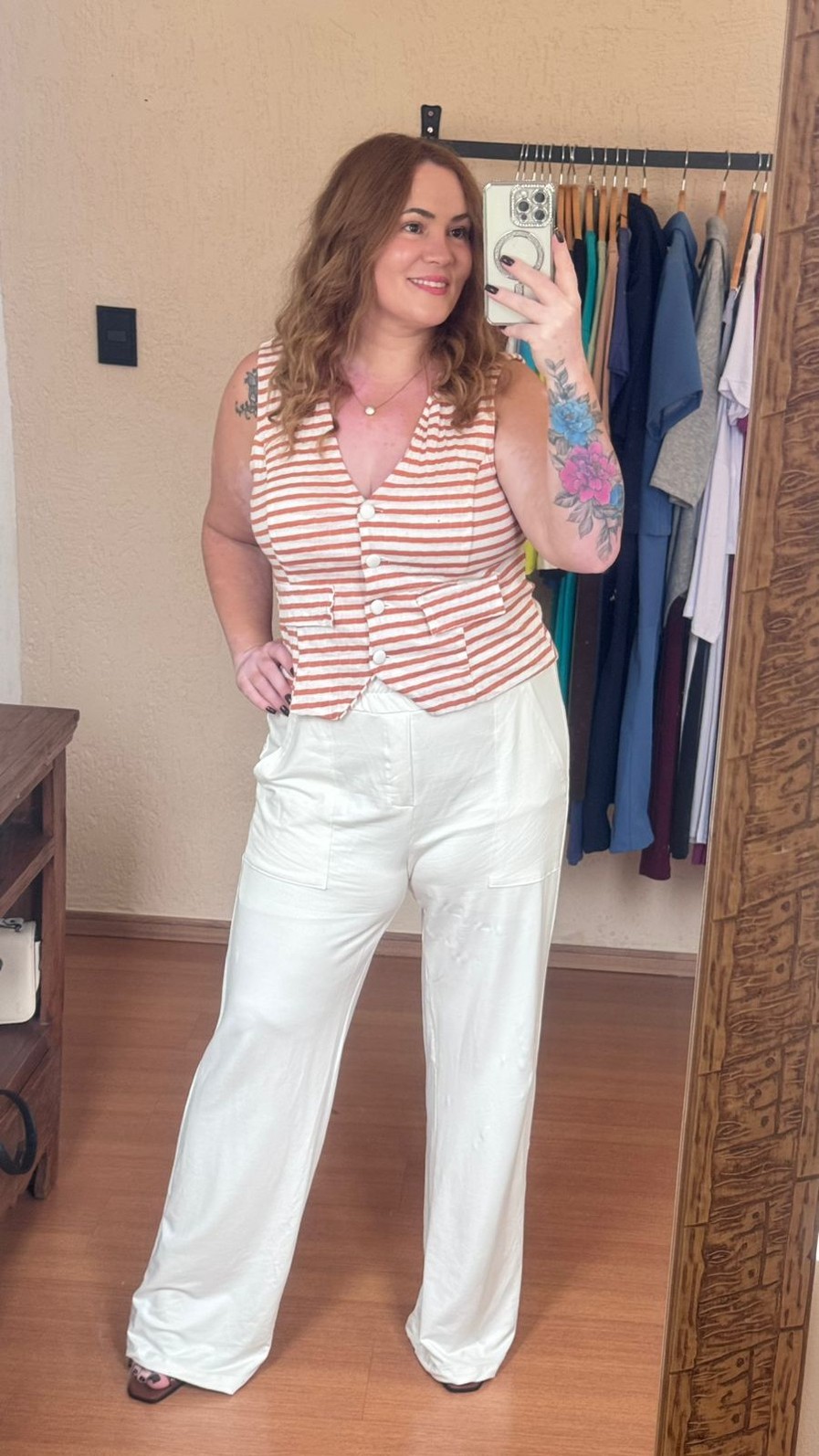 Conjunto de Malha Algodão com Moletinho Listrado Kate Off white com Nude