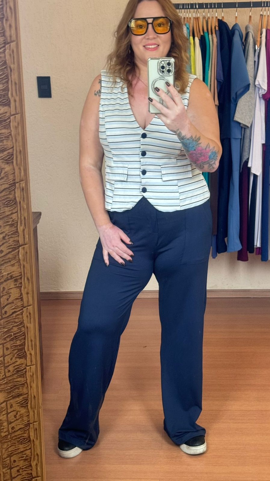 Conjunto de Malha Algodão com Moletinho Listrado Kate Azul Marinho