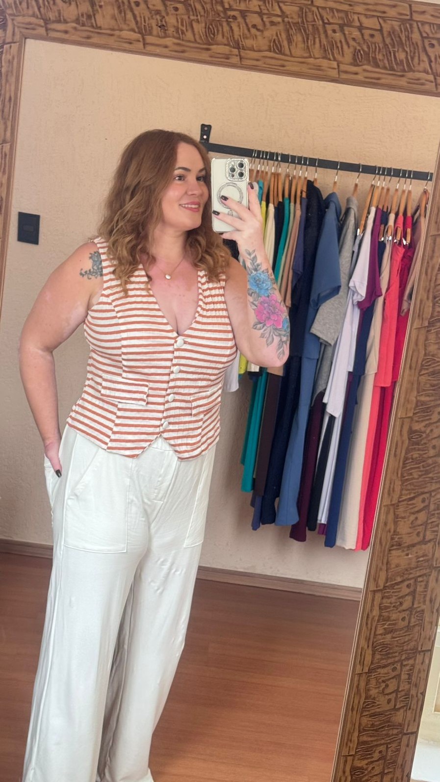 Conjunto de Malha Algodão com Moletinho Listrado Kate Off white com Nude