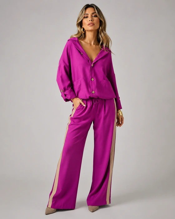 Conjunto Feminino Parka e Pantalona Listrado Vania Pink Fuscia Conjunto Feminino Parka e Pantalona Listrado Vania Pink Fuscia