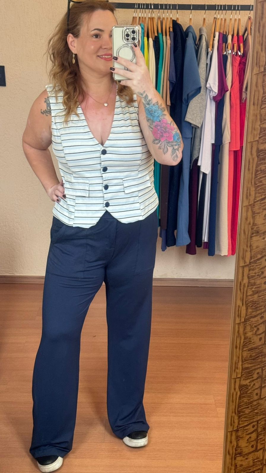 Conjunto de Malha Algodão com Moletinho Listrado Kate Azul Marinho