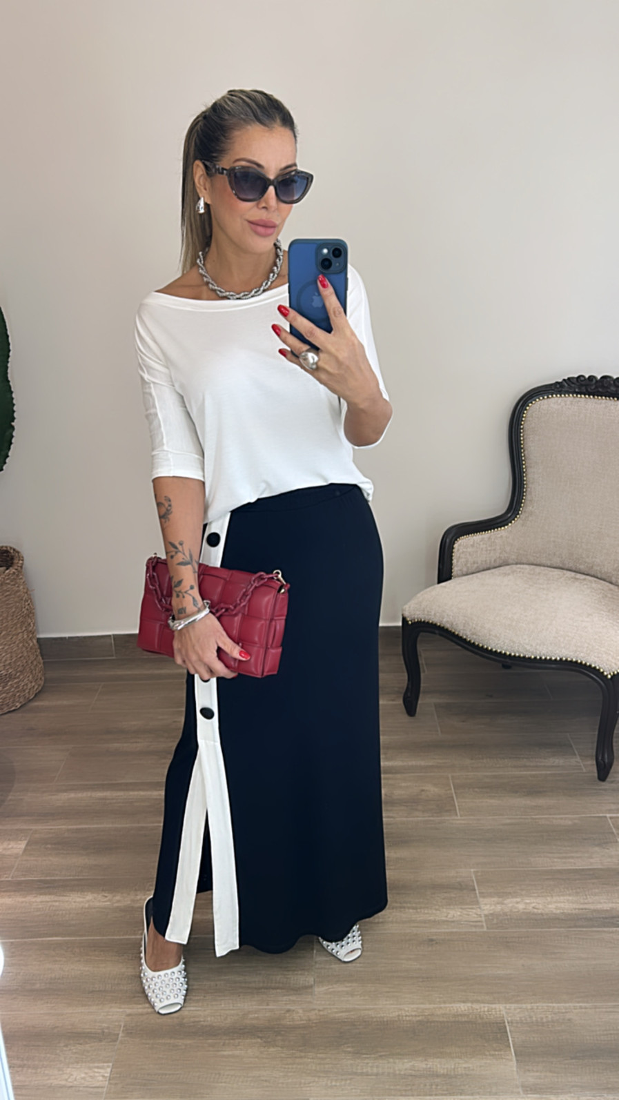 Conjunto De Saia Bicolor com Botões Esther Preto com Branco