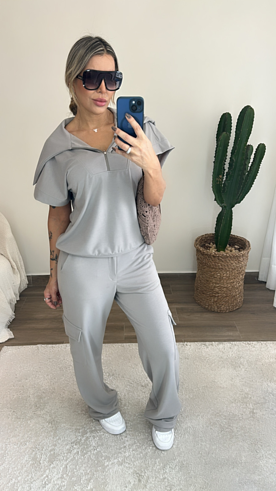 Conjunto Lídia com ziper midsize em moletinho Cinza