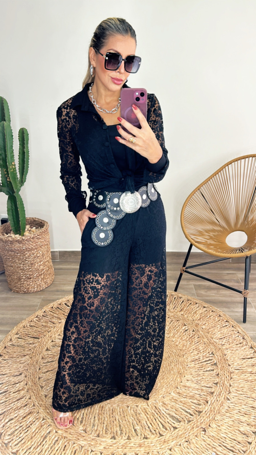 Conjunto de renda com malha vicenza Francesca Preto Conjunto de renda com malha vicenza Francesca Preto