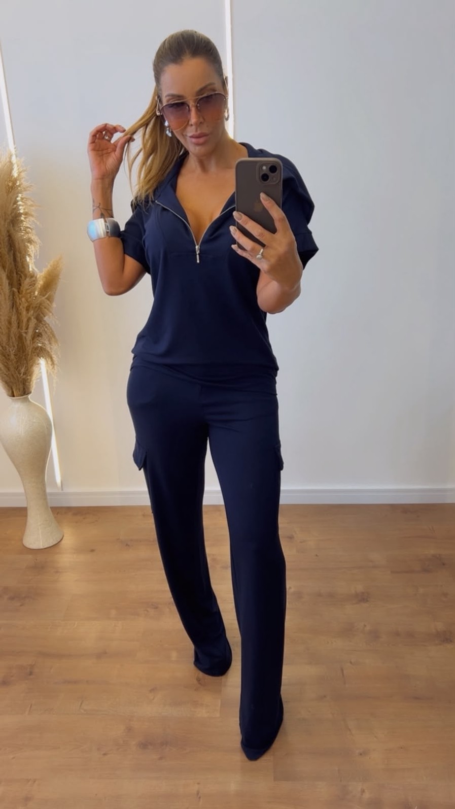 Conjunto Lídia com ziper midsize em moletinho Azul Marinho